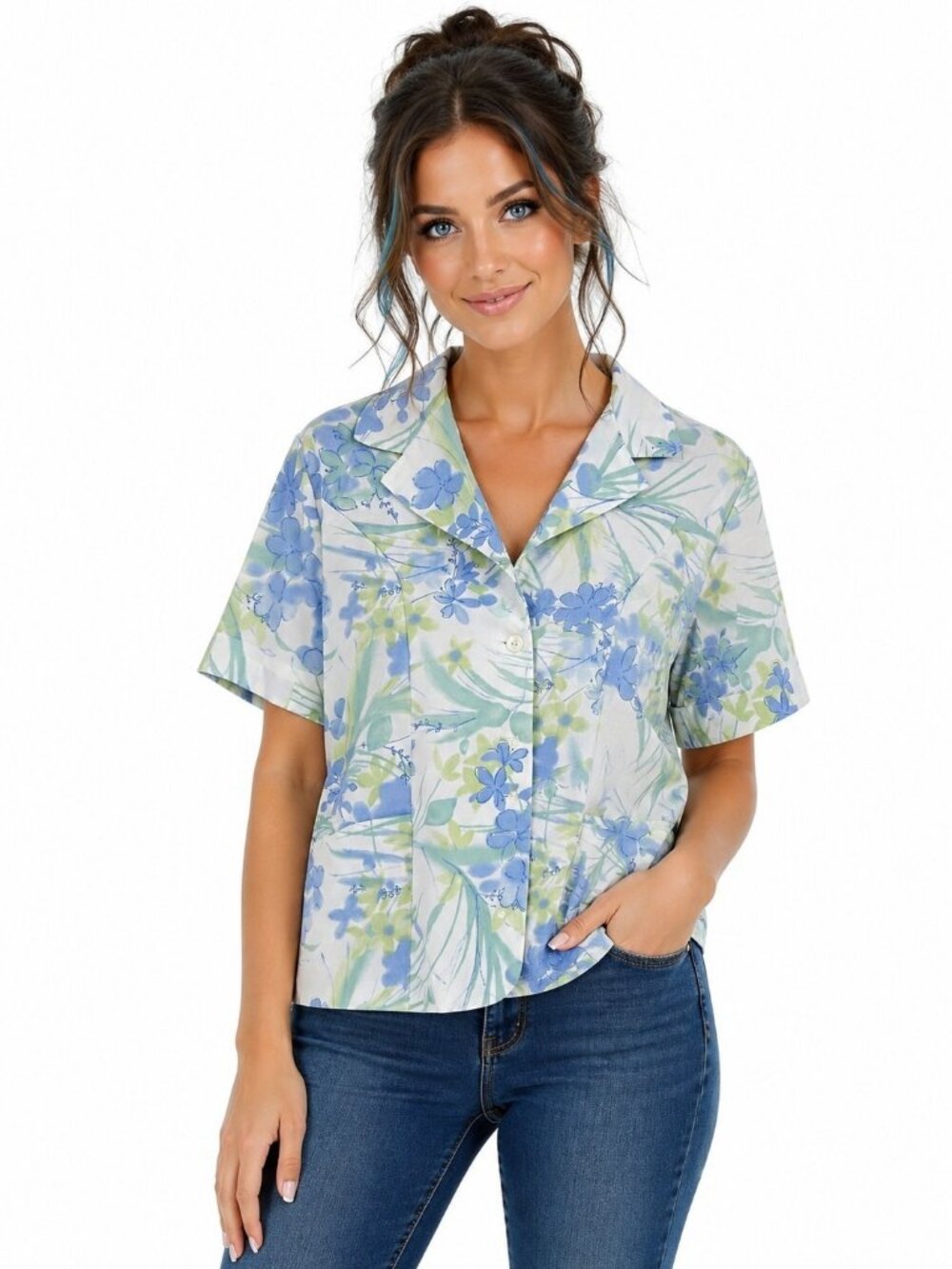 Alfred Dunner Floral Blouse Womens 14 Blue Green Short Sleeve Button Front Top